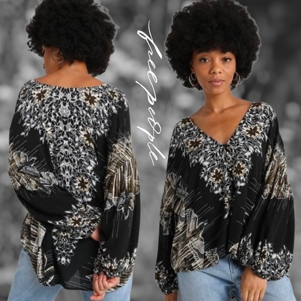 Free People Birds of a Feather Peasant Top Black & White Floral M